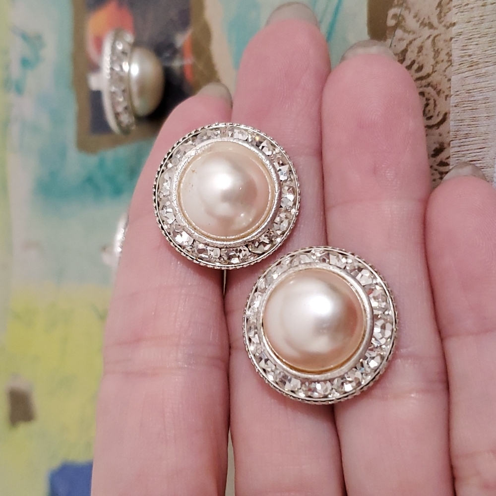 Set of 4 Faux pearl clear brilliant rhinestones silvertone shank buttons VINTAGE - Picture 3 of 5